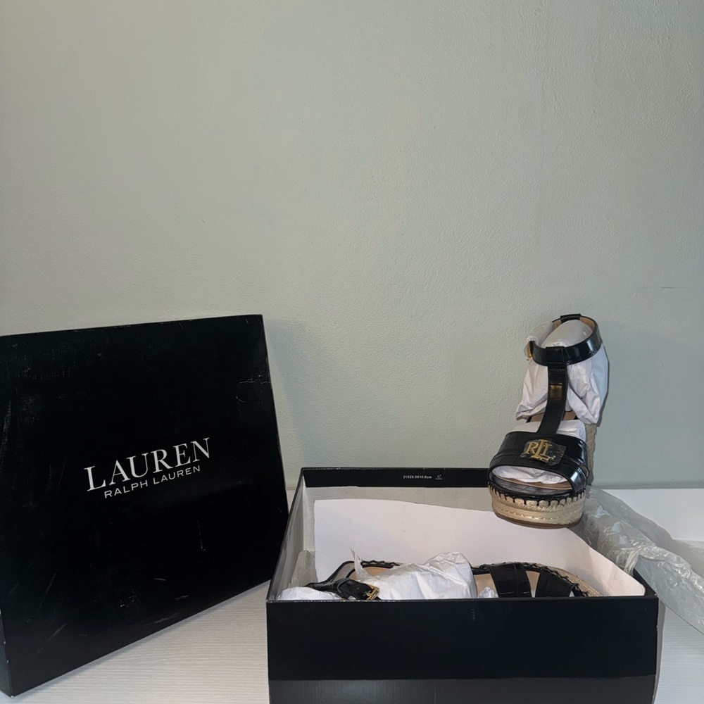 Lauren Ralph Lauren Black and Gold Wedge Sandals